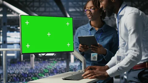 Server room coworkers doing brainstorming, using chroma key device Stock Footage 310278058