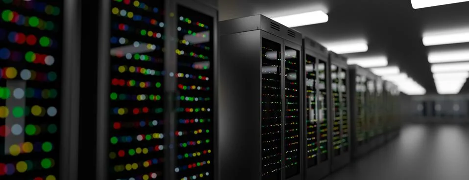 Server room data center. Backup, mining, hosting, mainframe, farm and computer Illustrazione stock