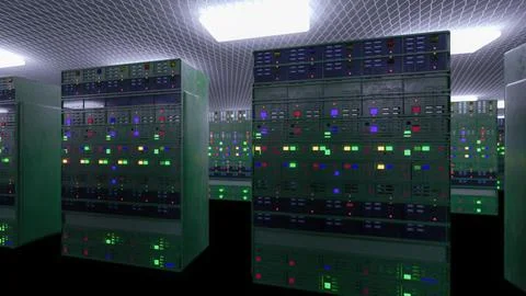 Server room data center. Backup, mining, hosting, mainframe, farm and computer Illustrazione stock