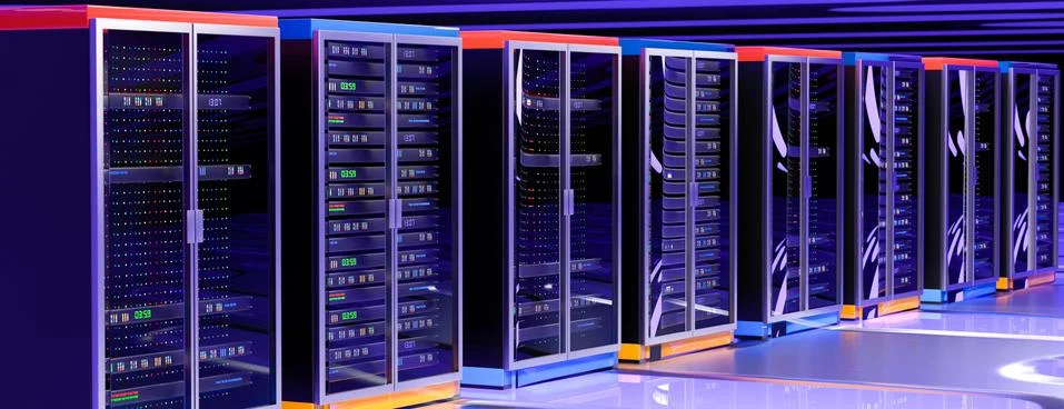 Server room data center. Backup, mining, hosting, mainframe, farm and computer Illustrazione stock