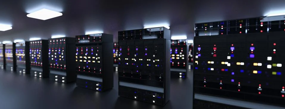 Server room data center. Backup, mining, hosting, mainframe, farm and computer Illustrazione stock