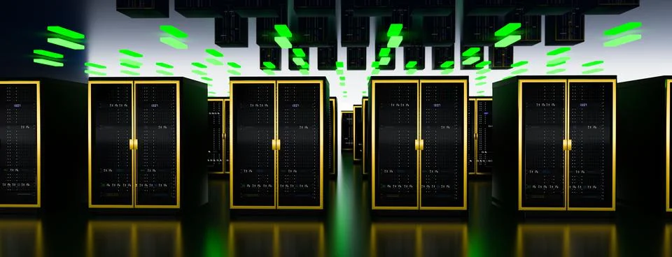 Server room data center. Backup, mining, hosting, mainframe, farm and computer Illustrazione stock