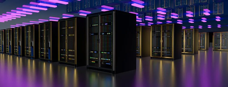 Server room data center. Backup, mining, hosting, mainframe, farm and computer Illustrazione stock