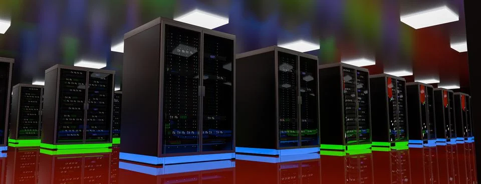 Server room data center. Backup, mining, hosting, mainframe, farm and computer Stock Illustration