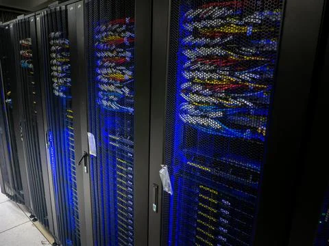 Server room data center. Backup, mining, hosting, mainframe 스톡 사진