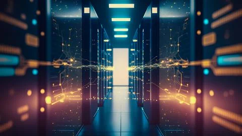 Server room in data center, cloud hosting illustration. Wireless systems, b.. Stock Illustration