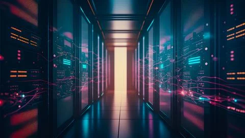 Server room in data center, cloud hosting illustration. Wireless systems, b.. 스톡 일러스트