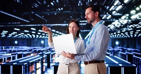 Server Room In Data Center. Cloud Computer Engineers Stock Photos