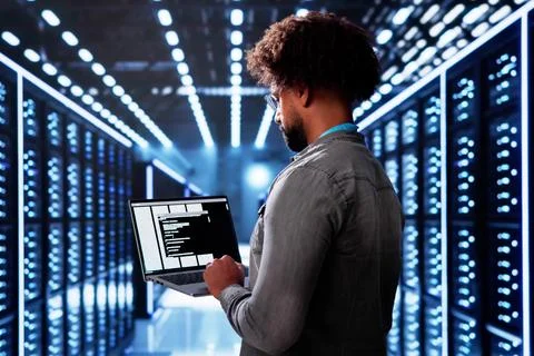 Server Room In Data Center. Cloud Computer Engineer Stock Photos