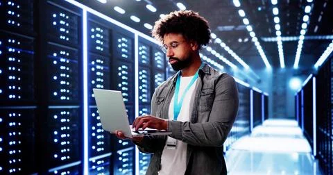 Server Room In Data Center. Cloud Computer Engineer Stock Photos