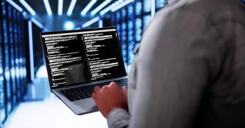 Server Room In Data Center. Cloud Computer Engineer 스톡 사진