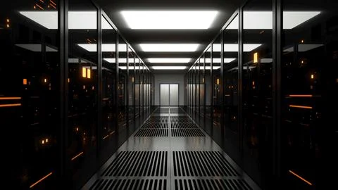 Server room data center corridor with yellow lights Stock Illustration