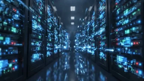 Server room data center with glowing cyber security data streams Stock Footage 347257381