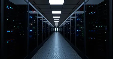 Server room, Data Center. Hosting services. Dark Server Room. Big Data Storage Stock Illustration