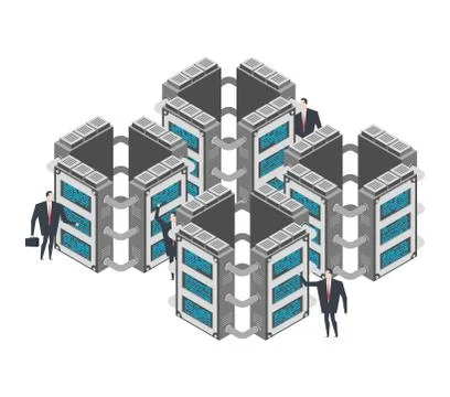 Server room. Data center Isometric style. Internet industry. Data transmissio Stock Illustration