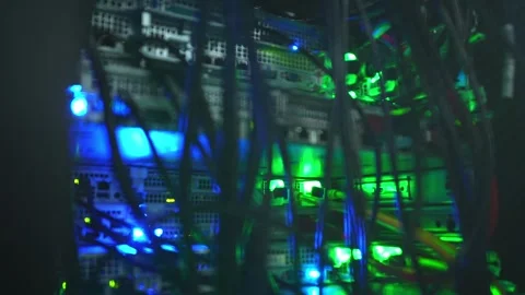 Server Room Data Center Rack with Glowing Blue Green LED Lights and Cables Stock Footage 340048230