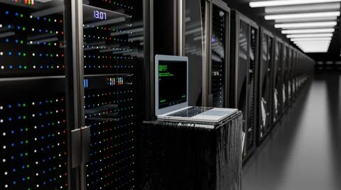 Server room data center. Rackmount LED console. Backup, mining, hosting Illustrazione stock