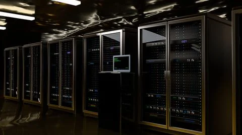 Server room data center. Rackmount LED console. Backup, mining, hosting Illustrazione stock