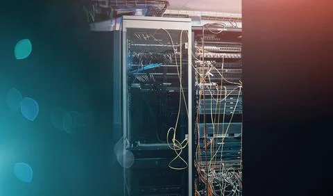 Server room, database and mainframe of network at center, software system and Stock Photos