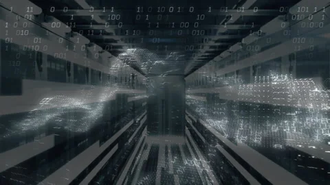 In server room, digital data streams flowing with binary code animation 库存影片 303841137