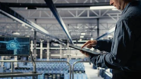 Server room employee checks data charts on tablet in server room Stock Photos