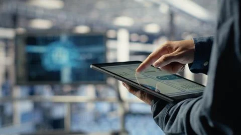 Server room employee checks data charts on tablet in server room 写真素材