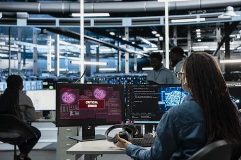 Server room employee sees error popup on screen while using AI Stockfoto's