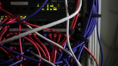 Server Room with Ethernet Cables and Flashing Lights Left to Right 스톡 동영상 74061197