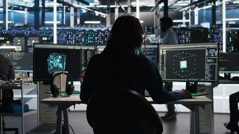 Server room expert interpreting AI data analytics graphs, putting on headphones Stock Photos