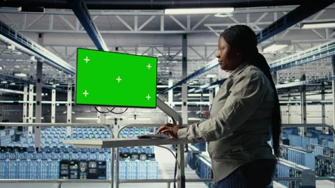 Server room female programmer using green screen computer Stock Footage 314805007