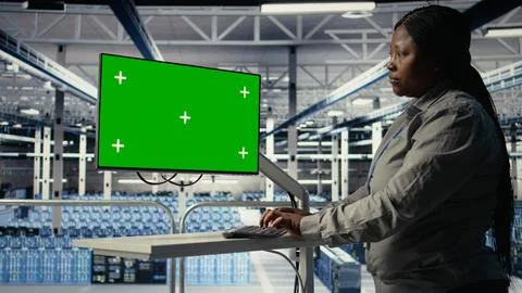 Server room female programmer using green screen computer Foto stock