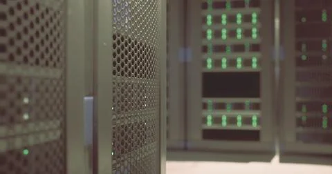 Server room filled with active equipment and glowing lights at a data center 库存插图