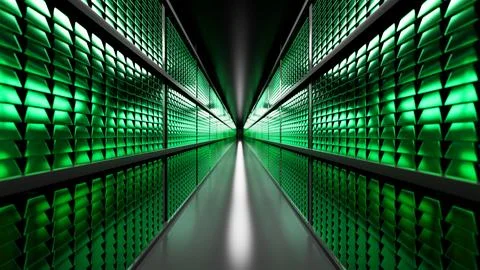 Server room glowing with green light emitting from racks Stock Illustration