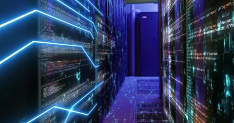 Server room, hacking and coding with data transfer on digital for binary code Stock Footage 284310507