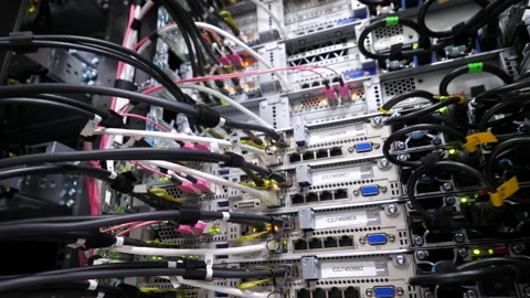 The server room has a lot of wires. Stock Footage 158098583