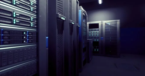 Server room with high tech equipment illuminated by blue lights at night Stock Footage 314160411