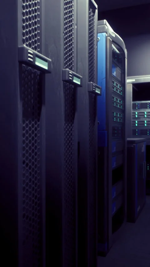 Server room with high tech equipment illuminated by blue lights at night 库存影片 325076765