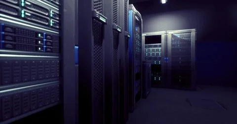 Server room with high tech equipment illuminated by blue lights at night Illustrazione stock