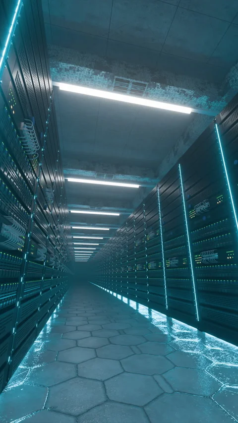 Server Room With High-Tech Racks and Blue LED Lighting Enhances Data Center Stock Footage 317093944
