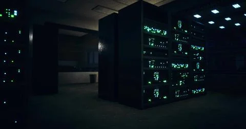 Server room illuminated by glowing hardware creates a high tech atmosphere Stock Illustration