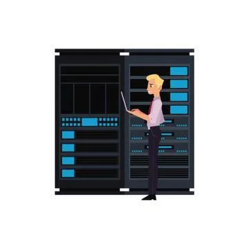 Server room illustration with data center storage and young it engineer with Stock Illustration