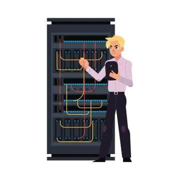 Server room illustration with data center and young system administrator Stock Illustration