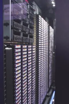 Server room, infrastructure and cybersecurity system with hardware for digital Stock Photos