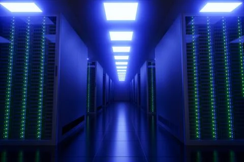 Server room interior. 3D Render Illustrazione stock