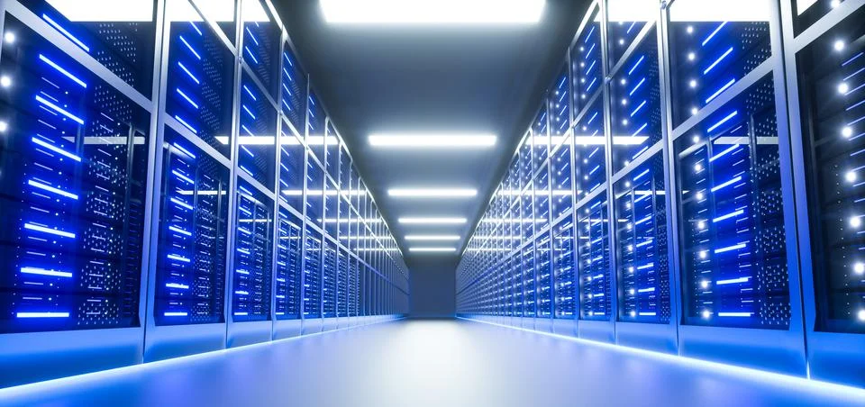 Server room interior in datacenter. 3D Render 스톡 일러스트