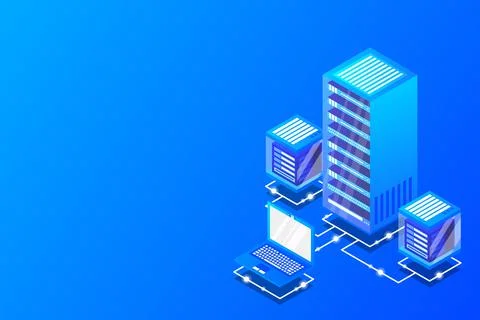 Server room isometric, Cloud storage data, Data center, Big data processing a Stock Illustration
