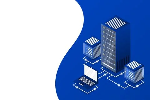 Server room isometric, Cloud storage data, Data center, Big data processing a Stock Illustration