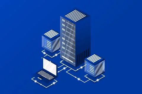 Server room isometric, Cloud storage data, Data center, Big data processing a Stock Illustration