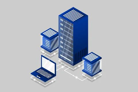 Server room isometric, Cloud storage data, Data center, Big data processing a Stock Illustration