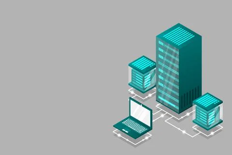 Server room isometric, Cloud storage data, Data center, Big data processing a Stock Illustration